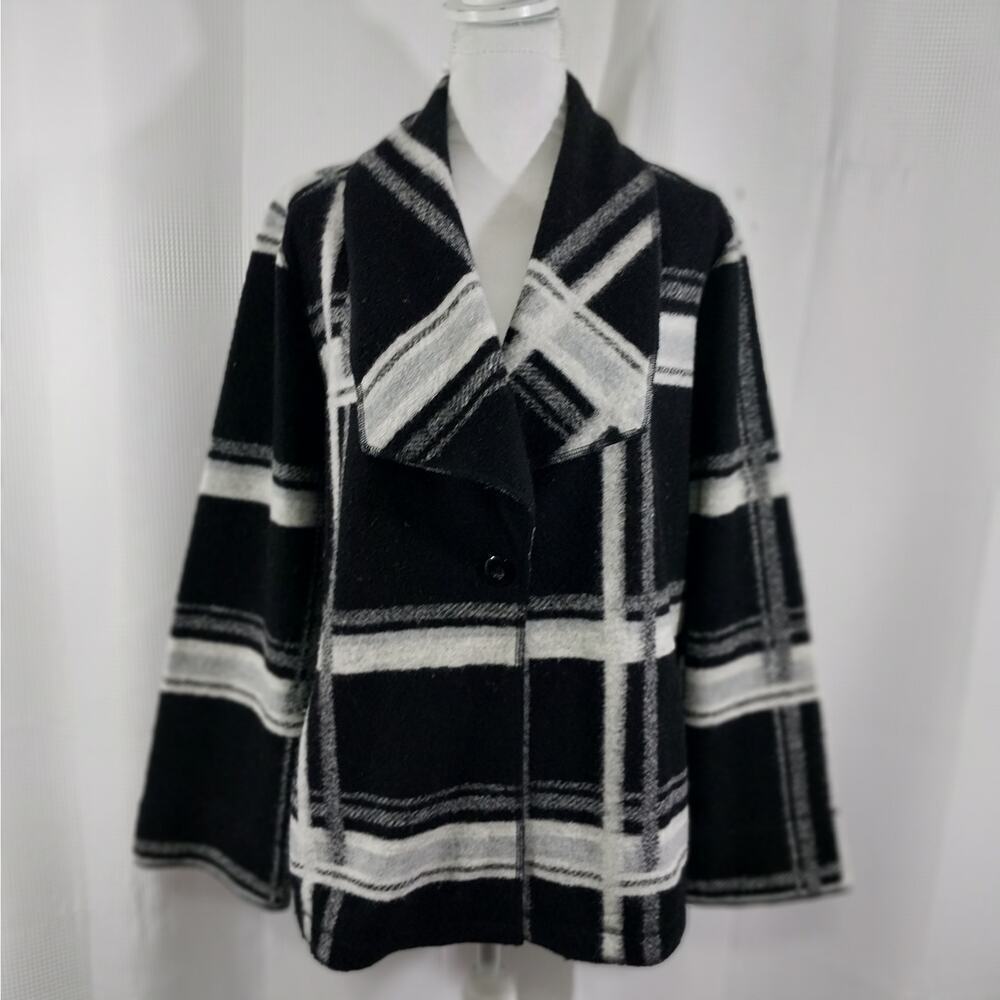 CHICO'S! BLACK & WHITE PLAID FINE WOOL BLEND DECONSTRUCTED JACKET! SZ L - Picture 3 of 12